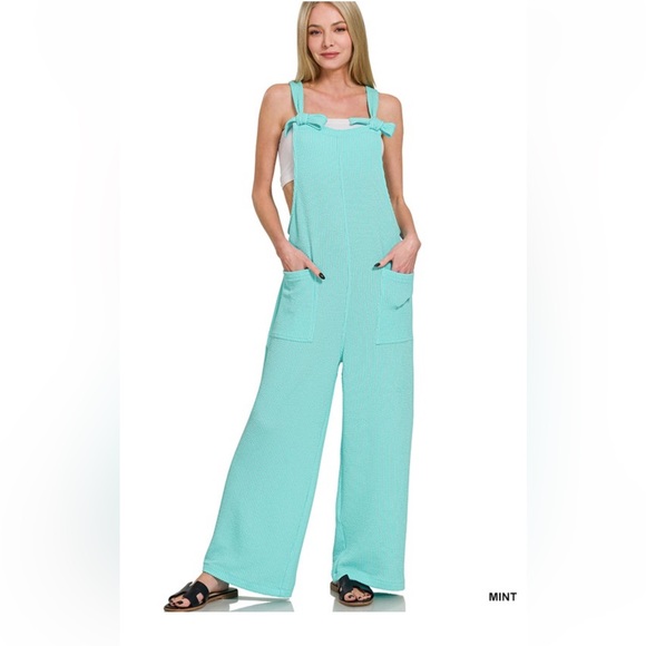 Zenana Pants - NWT! CORDED RIB KNOT STRAP RELAXED FIT OVERALLS MINT GREEN